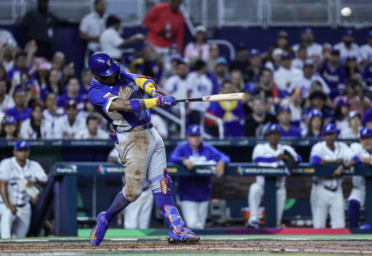 Ronald Acuña Jr. after hitting the RBI single that tied the game against Italy