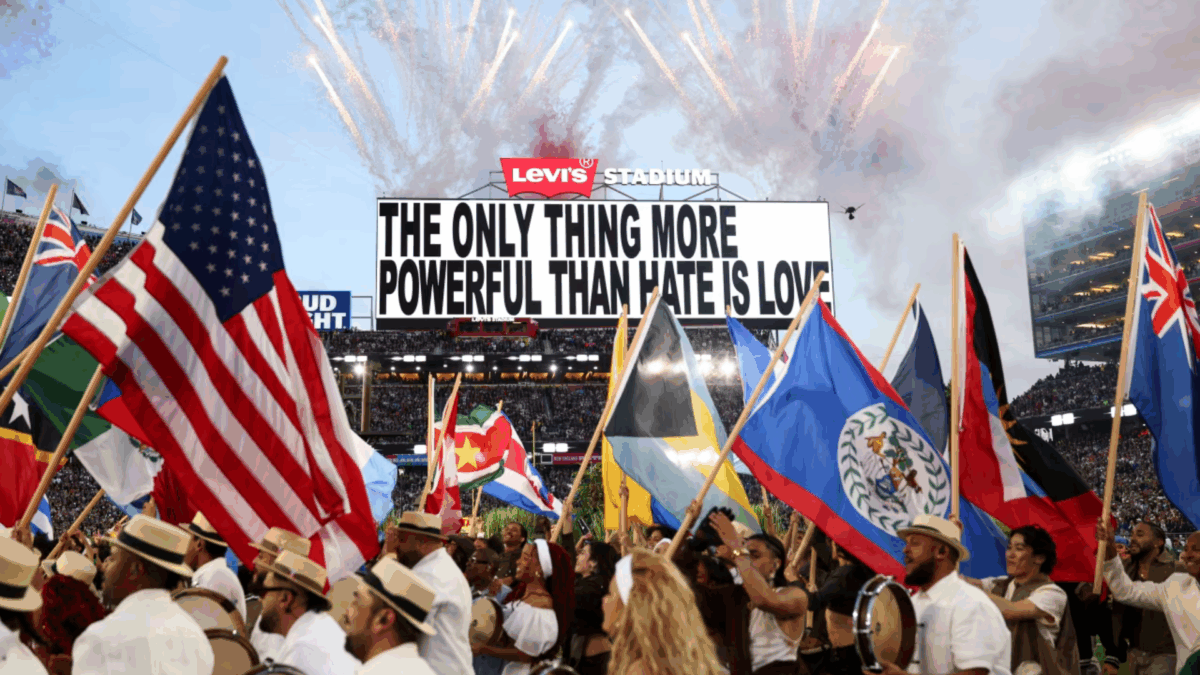 Latin flags at Levi's Stadium during Super Bowl LX halftime