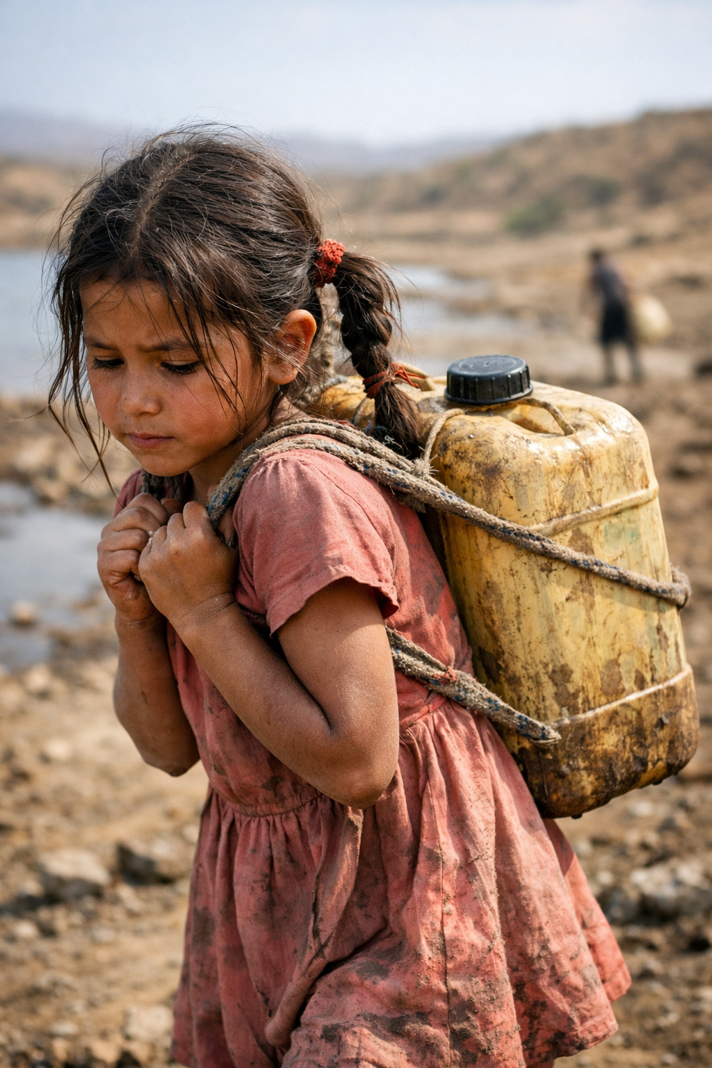Uma menina carrega um grande recipiente com água na cabeça em uma paisagem árida na África